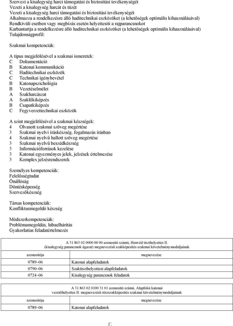 eszközöket (a lehetőségek optimális kihasználásával) Tulajdonságprofil: Szakmai kompetenciák: A típus megjelölésével a szakmai ismeretek: C Dokumentáció B Katonai kommunikáció C Haditechnikai