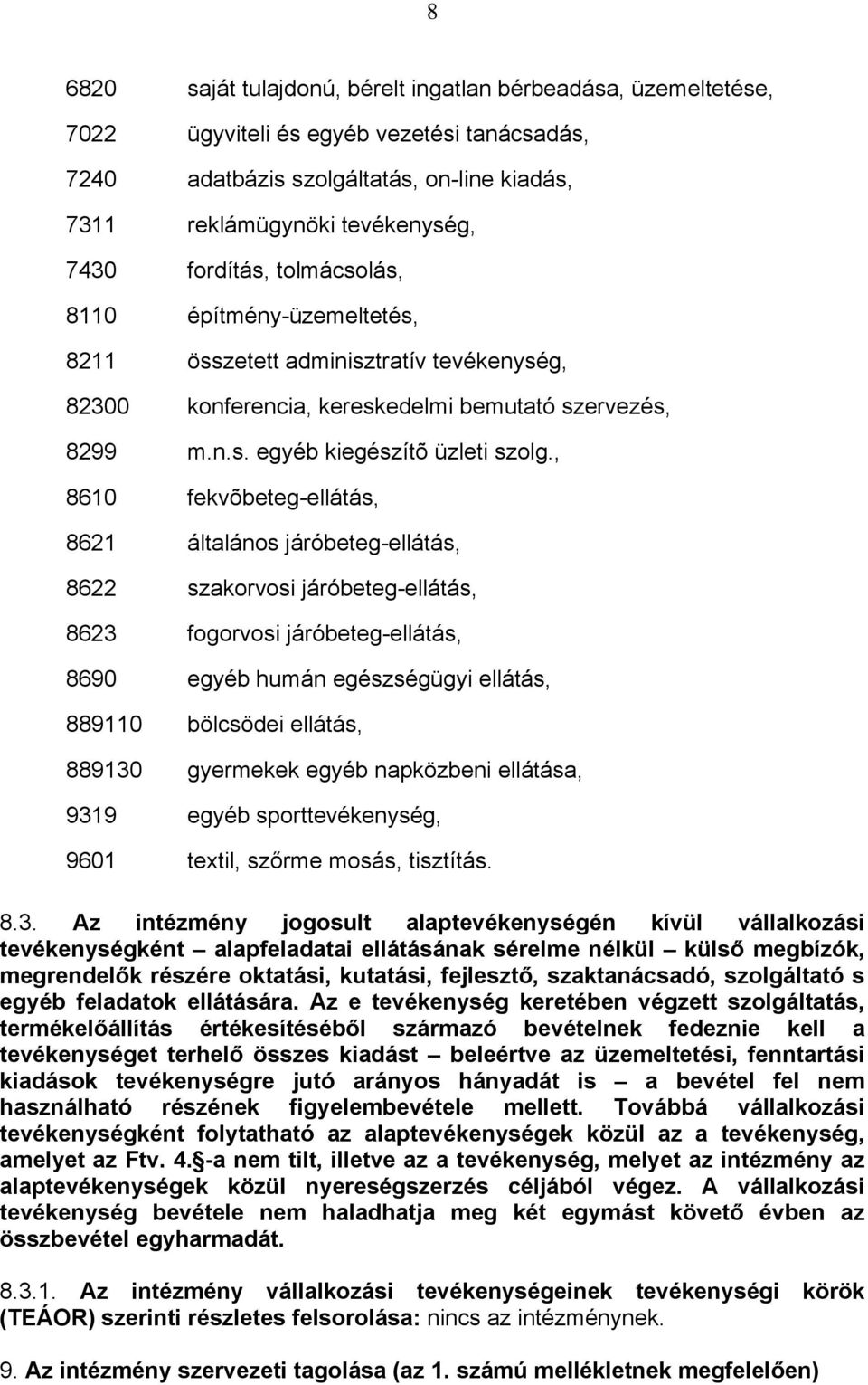 , 8610 fekvõbeteg-ellátás, 8621 általános járóbeteg-ellátás, 8622 szakorvosi járóbeteg-ellátás, 8623 fogorvosi járóbeteg-ellátás, 8690 egyéb humán egészségügyi ellátás, 889110 bölcsödei ellátás,