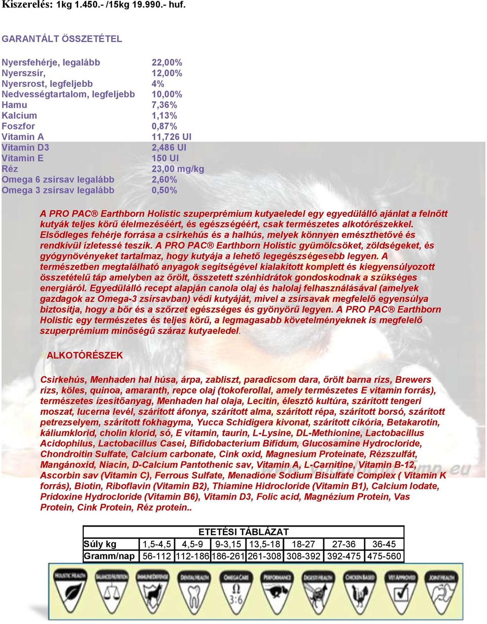 zsírsav legalább 2,60% Omega 3 zsírsav legalább 0,50% A PRO PAC Earthborn Holistic szuperprémium kutyaeledel egy egyedülálló ajánlat a felnőtt kutyák teljes körű élelmezéséért, és egészségéért, csak