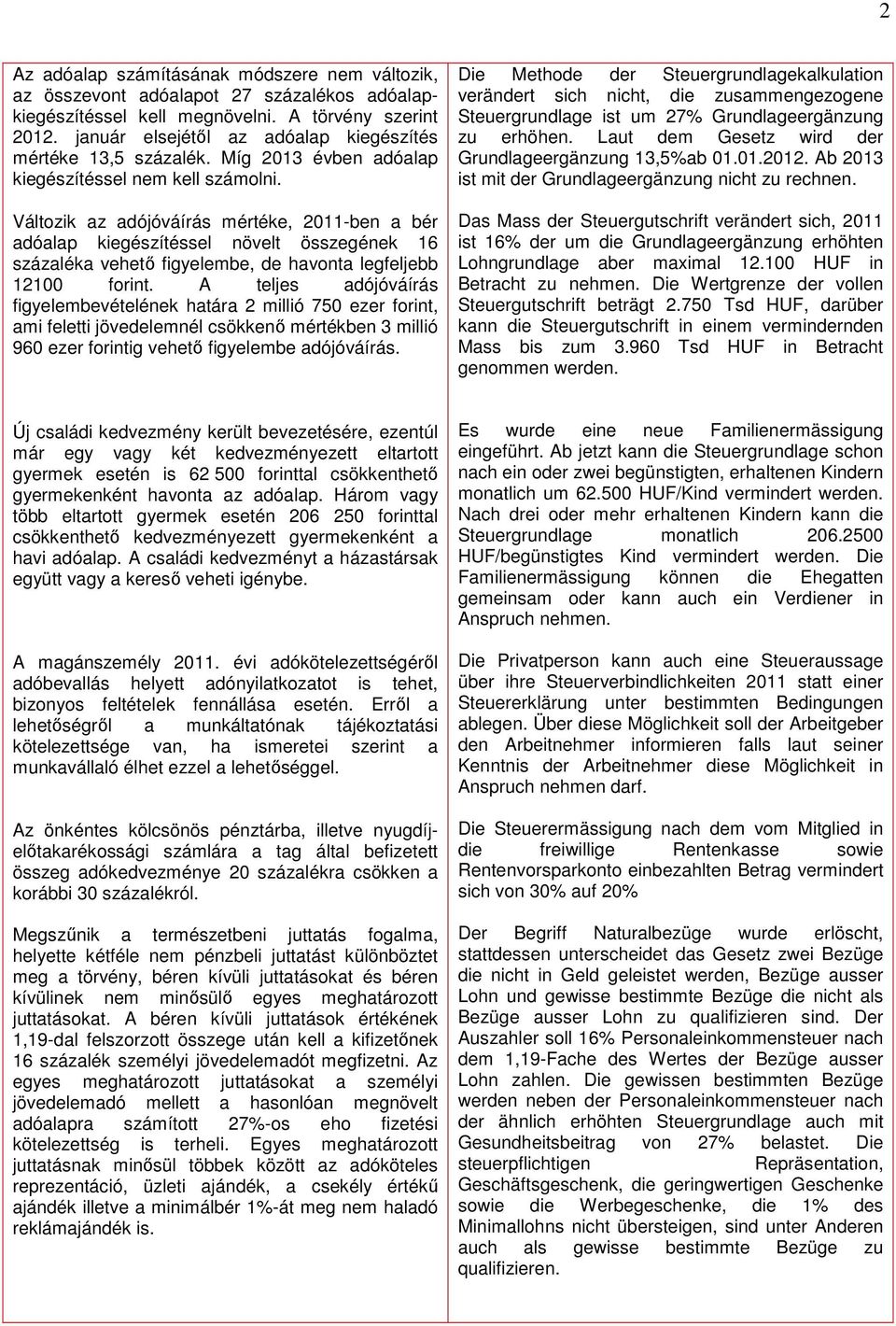 Változik az adójóváírás mértéke, 2011-ben a bér adóalap kiegészítéssel növelt összegének 16 százaléka vehető figyelembe, de havonta legfeljebb 12100 forint.