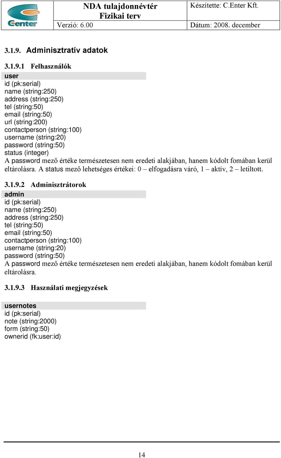 password (string:50) status (integer) A password mező értéke természetesen nem eredeti alakjában, hanem kódolt fomában kerül eltárolásra.