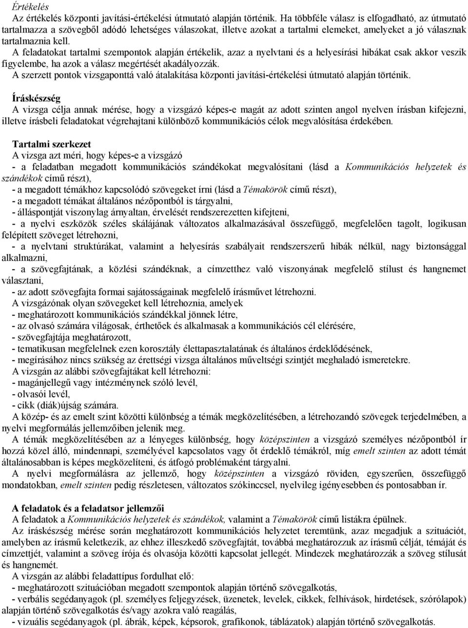 A feladatokat tartalmi szempontok alapján értékelik, azaz a nyelvtani és a helyesírási hibákat csak akkor veszik figyelembe, ha azok a válasz megértését akadályozzák.