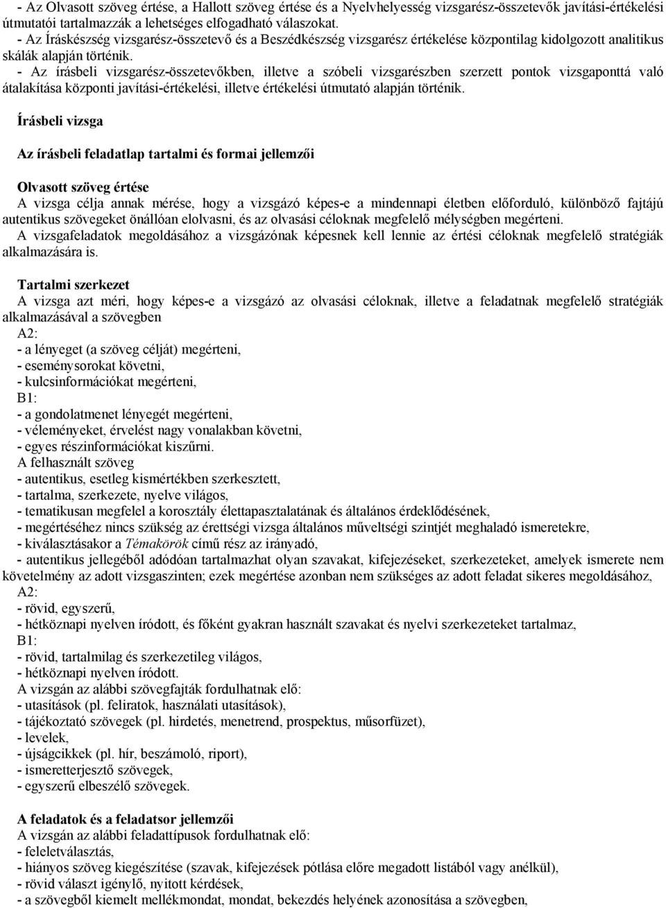 - Az írásbeli vizsgarész-összetevőkben, illetve a szóbeli vizsgarészben szerzett pontok vizsgaponttá való átalakítása központi javítási-értékelési, illetve értékelési útmutató alapján történik.