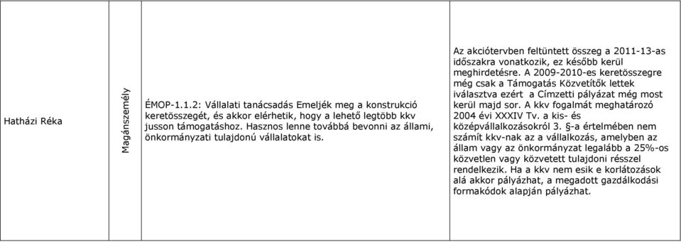 A 2009-2010-es keretösszegre még csak a Támogatás Közvetítők lettek iválasztva ezért a Címzetti pályázat még most kerül majd sor. A kkv fogalmát meghatározó 2004 évi XXXIV Tv.