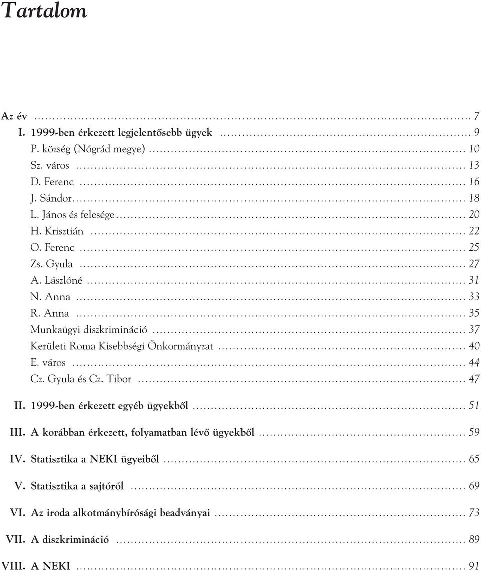 .. 37 Kerületi Roma Kisebbségi Önkormányzat... 40 E. város... 44 Cz. Gyula és Cz. Tibor... 47 II. 1999-ben érkezett egyéb ügyekbôl... 51 III.