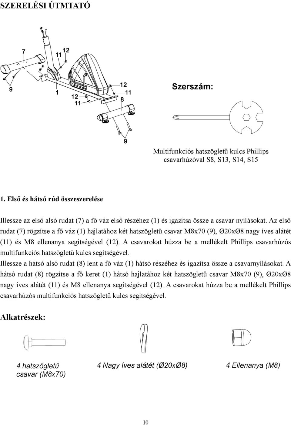 Az első rudat (7) rögzítse a fő váz (1) hajlatához két hatszögletű csavar M8x70 (9), Ø20xØ8 nagy íves alátét (11) és M8 ellenanya segítségével (12).