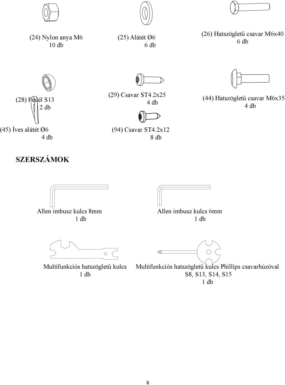 2x25 4 db (44) Hatszögletű csavar M6x35 4 db (45) Íves alátét Ø6 4 db (94) Csavar ST4.