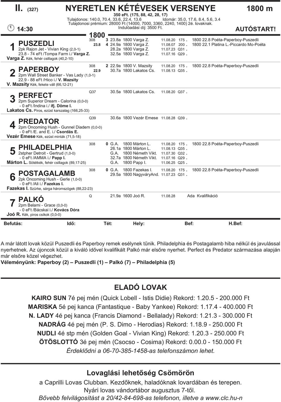1800 22.8 Poéta-Paperboy-Puszedli 23.8 4 24.9a 1800 Varga Z. 11.08.07 200. 1800 22.1 Platina L.-Piccardo Mo-Poéta 28.2a 1800 Varga Z. 11.07.23 Q31. 23.8-74 eft /Tompa Farm i./ Varga Z. 32.