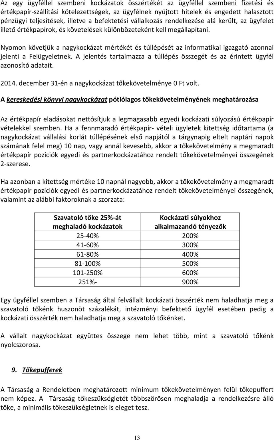 Nyomon követjük a nagykockázat mértékét és túllépését az informatikai igazgató azonnal jelenti a Felügyeletnek. A jelentés tartalmazza a túllépés összegét és az érintett ügyfél azonosító adatait.