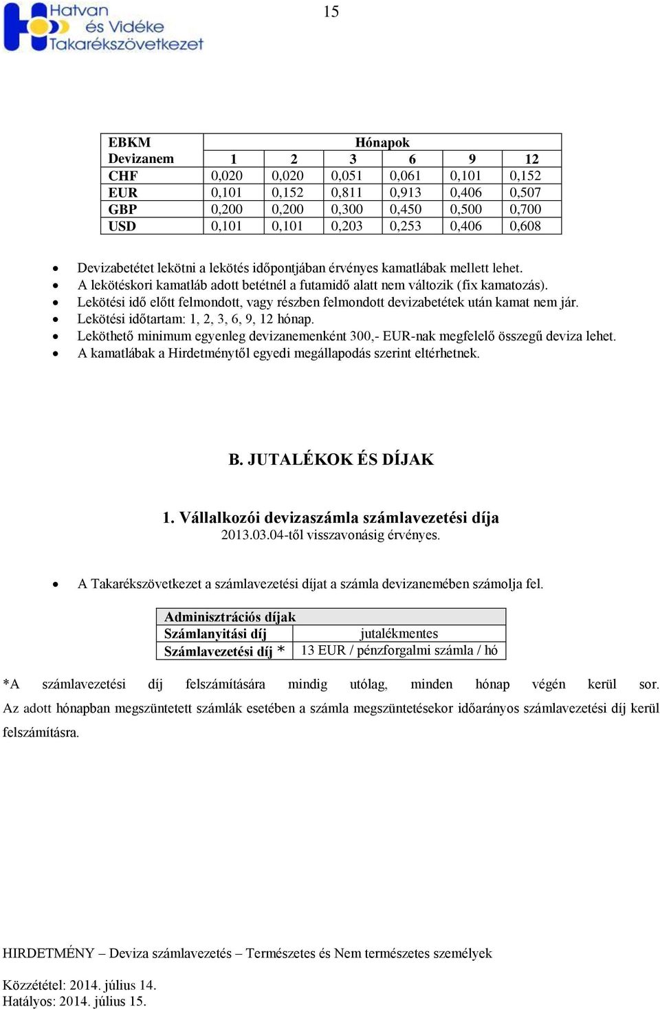 Lekötési idő előtt felmondott, vagy részben felmondott devizabetétek után kamat nem jár. Lekötési időtartam: 1, 2, 3, 6, 9, 12 hónap.