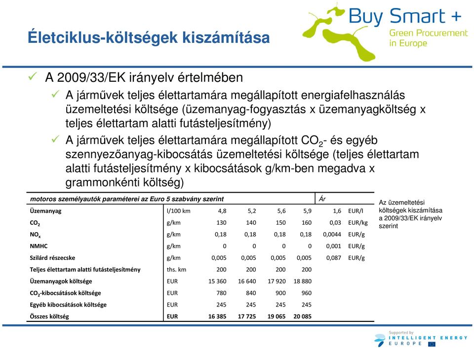 kibocsátások g/km-ben megadva x grammonkénti költség) motoros személyautók paraméterei az Euro 5 szabvány szerint Ár Üzemanyag l/100 km 4,8 5,2 5,6 5,9 1,6 EUR/l CO 2 g/km 130 140 150 160 0,03 EUR/kg