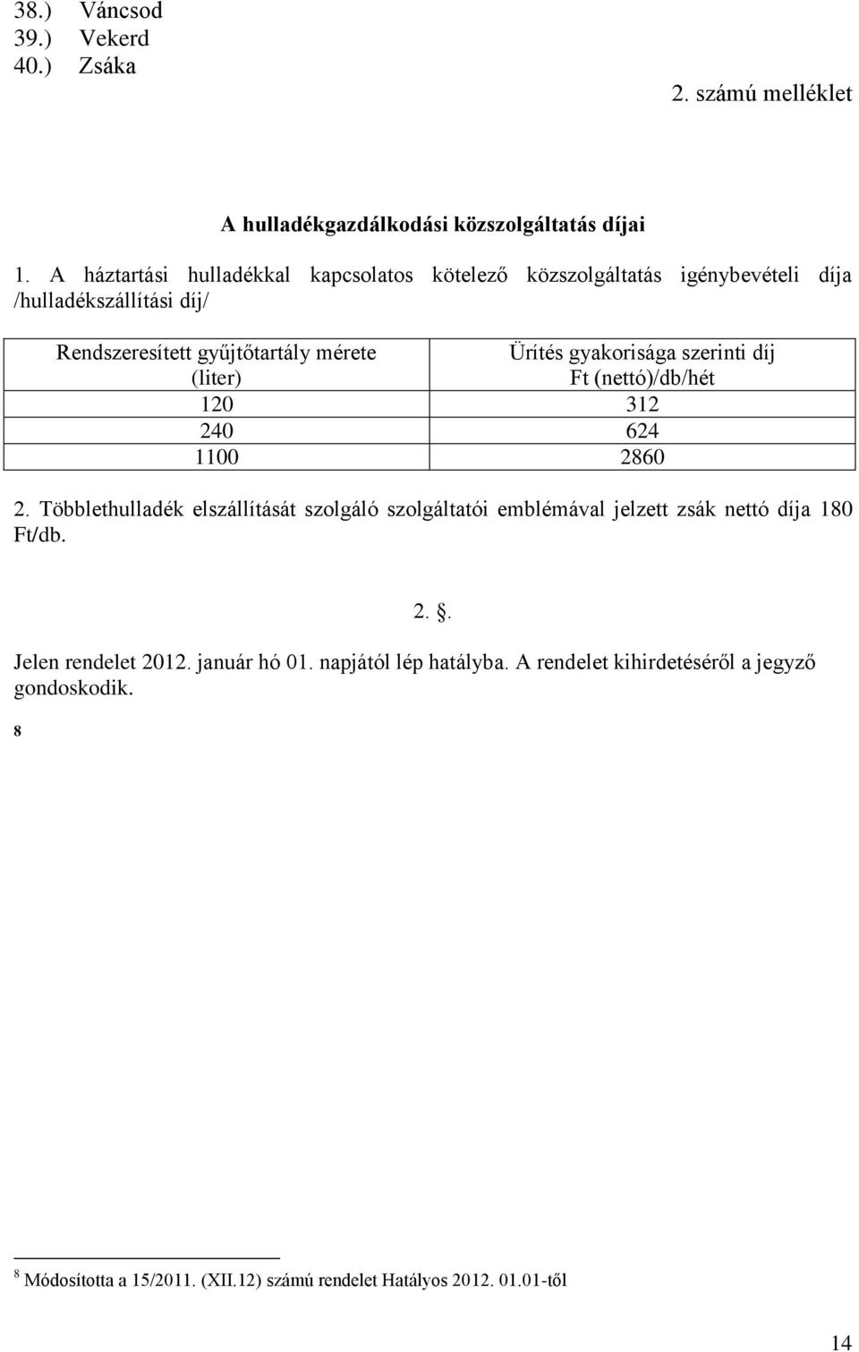 Ürítés gyakorisága szerinti díj Ft (nettó)/db/hét 120 312 240 624 1100 2860 2.