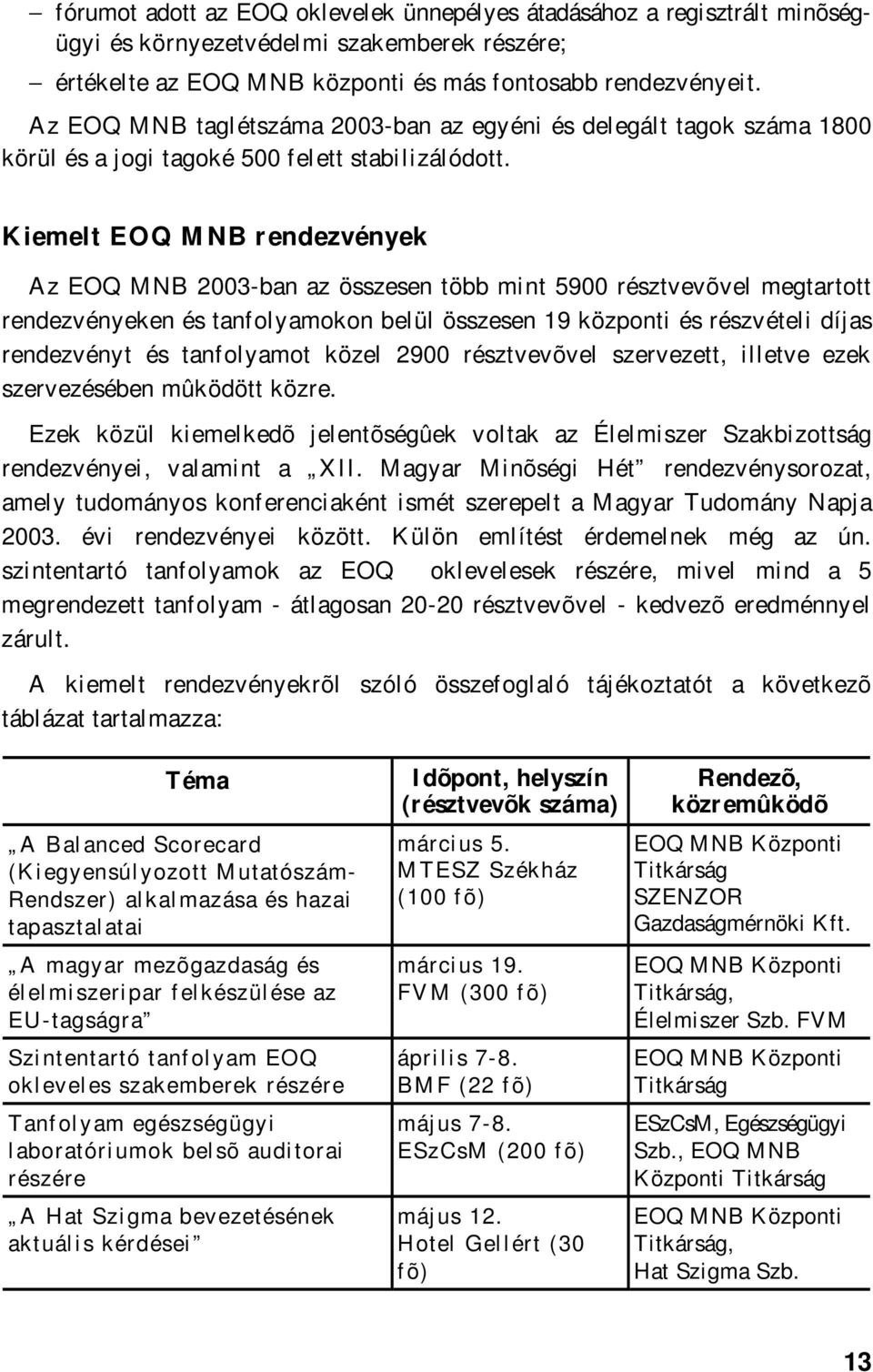 Kiemelt EOQ rendezvények Az EOQ 2003-ban az összesen több mint 5900 résztvevõvel megtartott rendezvényeken és tanfolyamokon belül összesen 19 központi és részvételi díjas rendezvényt és tanfolyamot