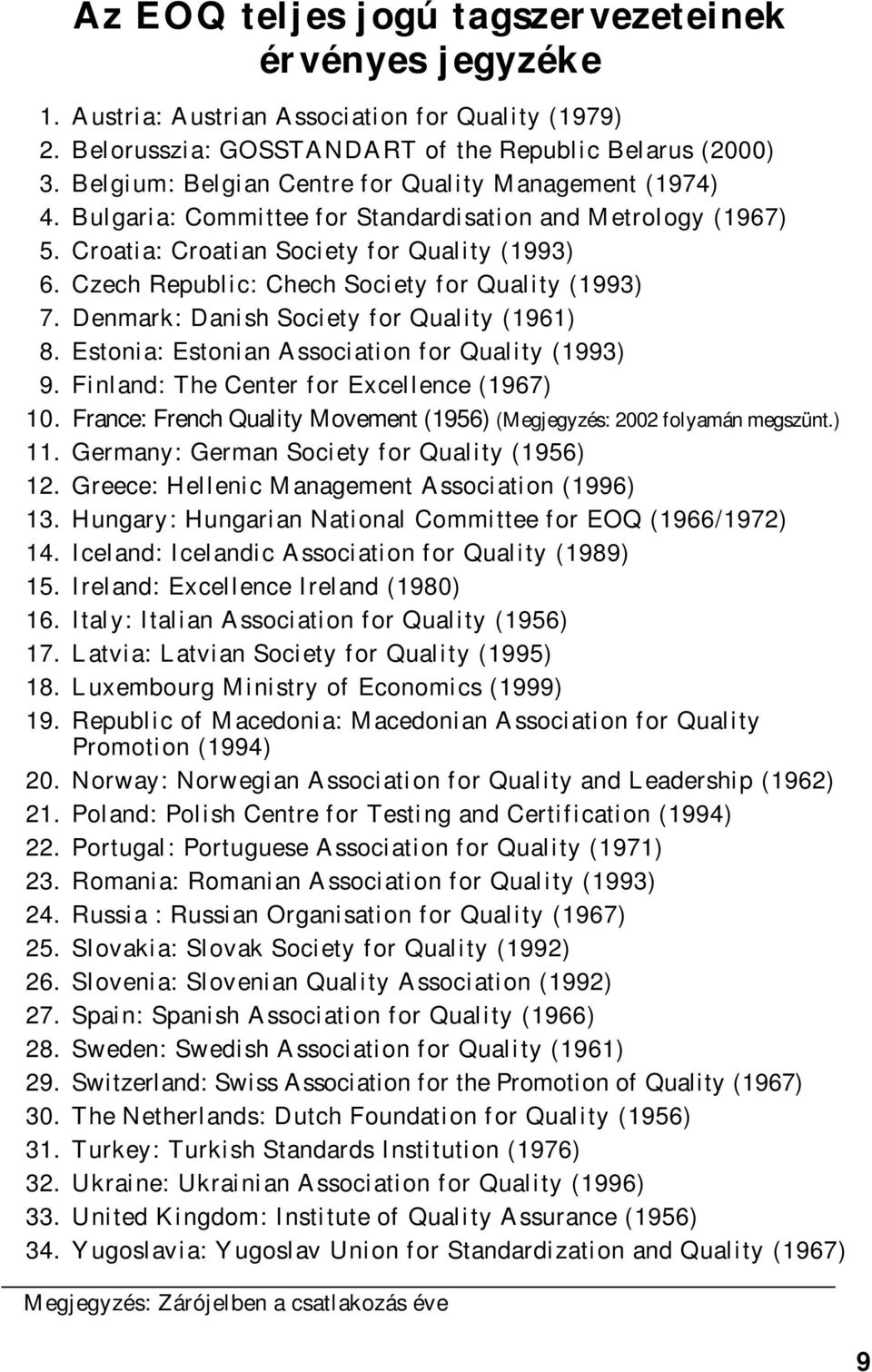 Czech Republic: Chech Society for Quality (1993) 7. Denmark: Danish Society for Quality (1961) 8. Estonia: Estonian Association for Quality (1993) 9. Finland: The Center for Excellence (1967) 10.