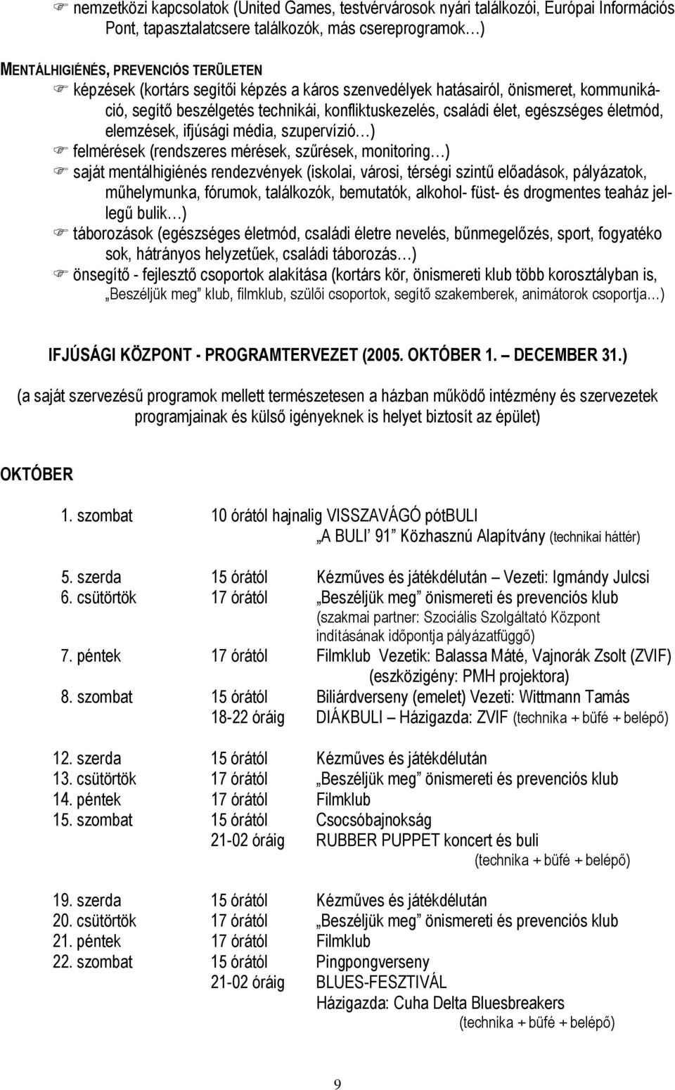 szupervízió ) felmérések (rendszeres mérések, szűrések, monitoring ) saját mentálhigiénés rendezvények (iskolai, városi, térségi szintű előadások, pályázatok, műhelymunka, fórumok, találkozók,