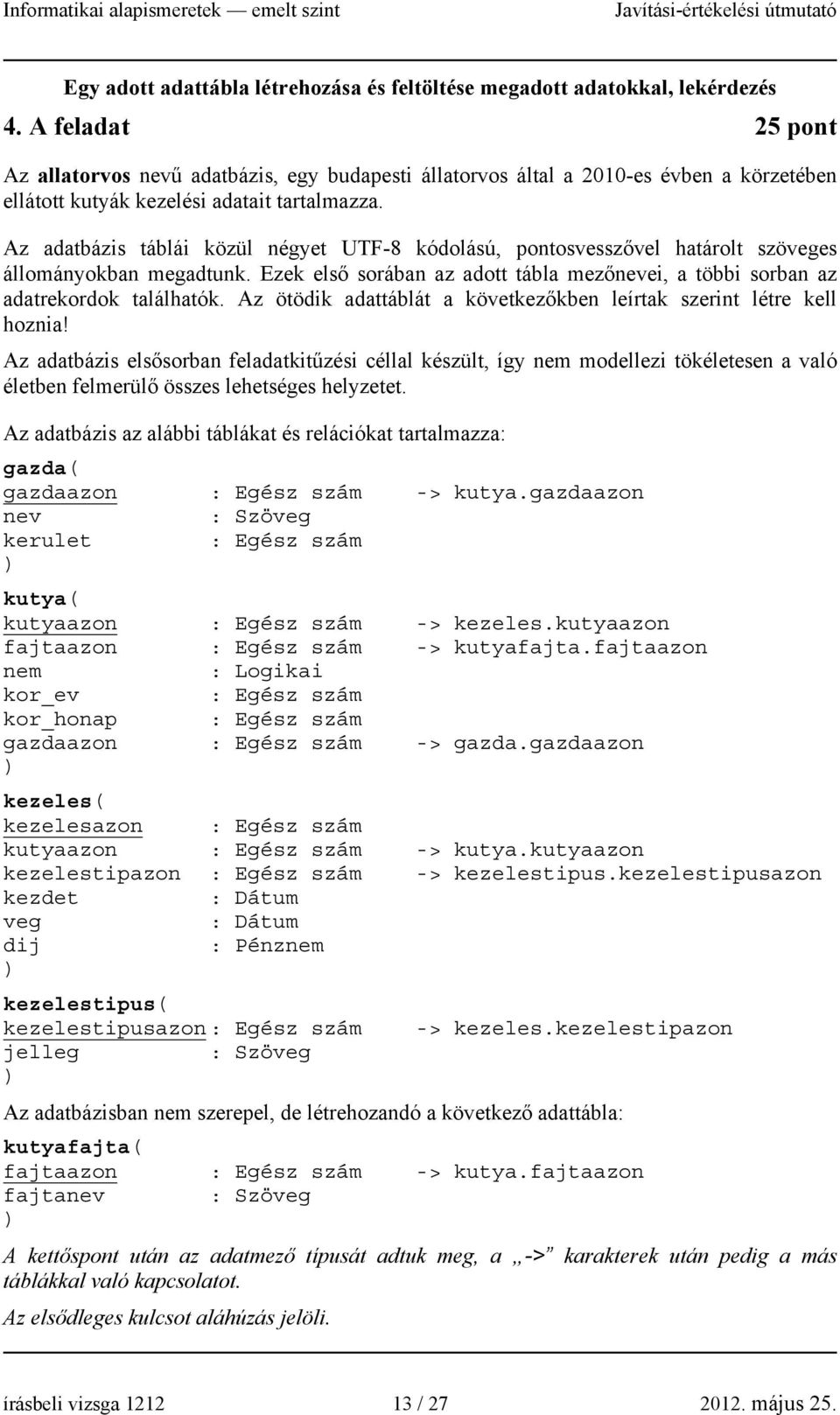 Az adatbázis táblái közül négyet UTF-8 kódolású, pontosvesszővel határolt szöveges állományokban megadtunk. Ezek első sorában az adott tábla mezőnevei, a többi sorban az adatrekordok találhatók.