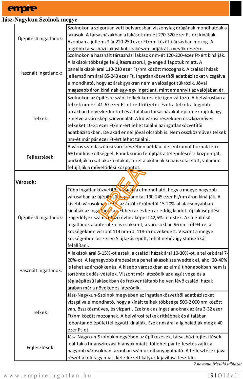 Szolnokon a használt társasházi lakások nm-ét 120-220-ezer Ft-ért kínálják. A lakások többsége felújításra szorul, gyenge állapotuk miatt. A panellakások árai 110-210 ezer Ft/nm között mozognak.