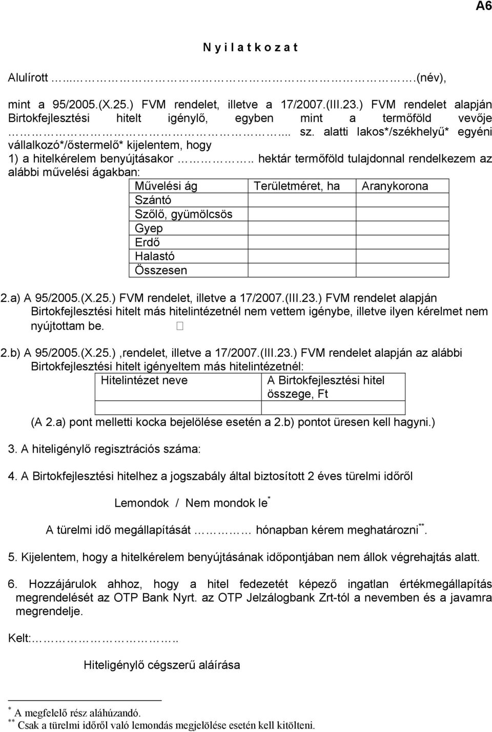 . hektár termőföld tulajdonnal rendelkezem az alábbi művelési ágakban: Művelési ág Területméret, ha Aranykorona Szántó Szőlő, gyümölcsös Gyep Erdő Halastó Összesen 2.a) A 95/2005.(X.25.