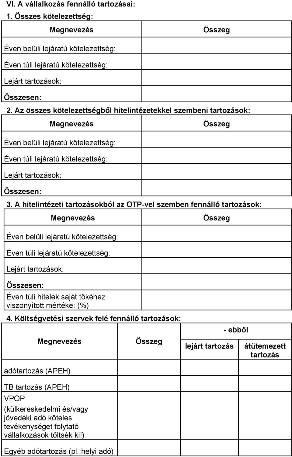 A hitelintézeti tartozásokból az OTP-vel szemben fennálló tartozások: Megnevezés Összeg Éven belüli lejáratú kötelezettség: Éven túli lejáratú kötelezettség: Lejárt tartozások: Összesen: Éven túli