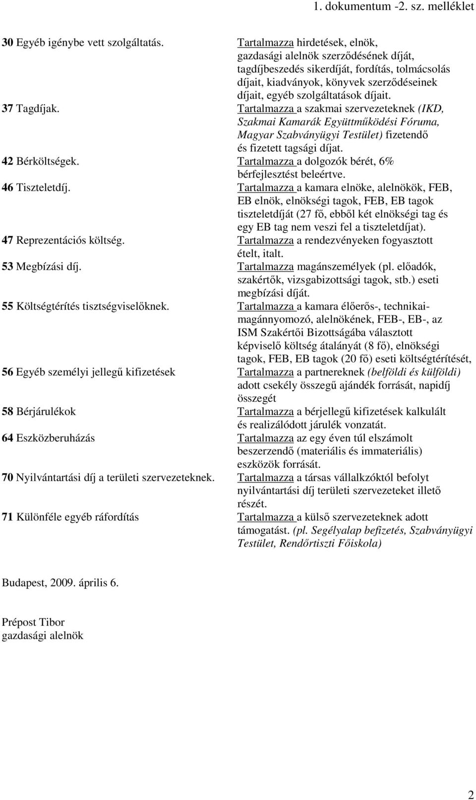 37 Tagdíjak. Tartalmazza a szakmai szervezeteknek (IKD, Szakmai Kamarák Együttmőködési Fóruma, Magyar Szabványügyi Testület) fizetendı és fizetett tagsági díjat. 42 Bérköltségek.