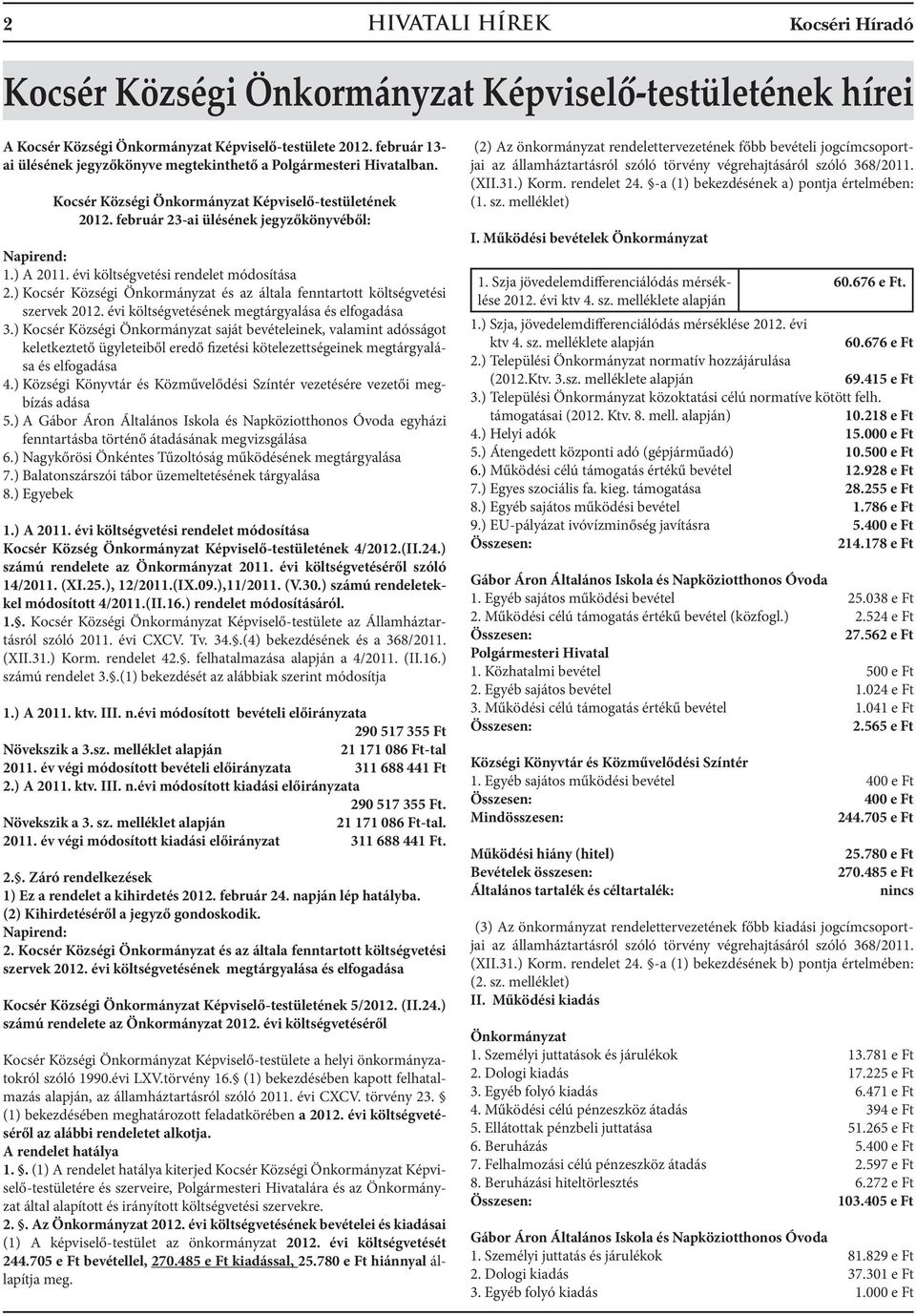 évi költségvetési rendelet módosítása 2.) Kocsér Községi Önkormányzat és az általa fenntartott költségvetési szervek 2012. évi költségvetésének megtárgyalása és elfogadása 3.