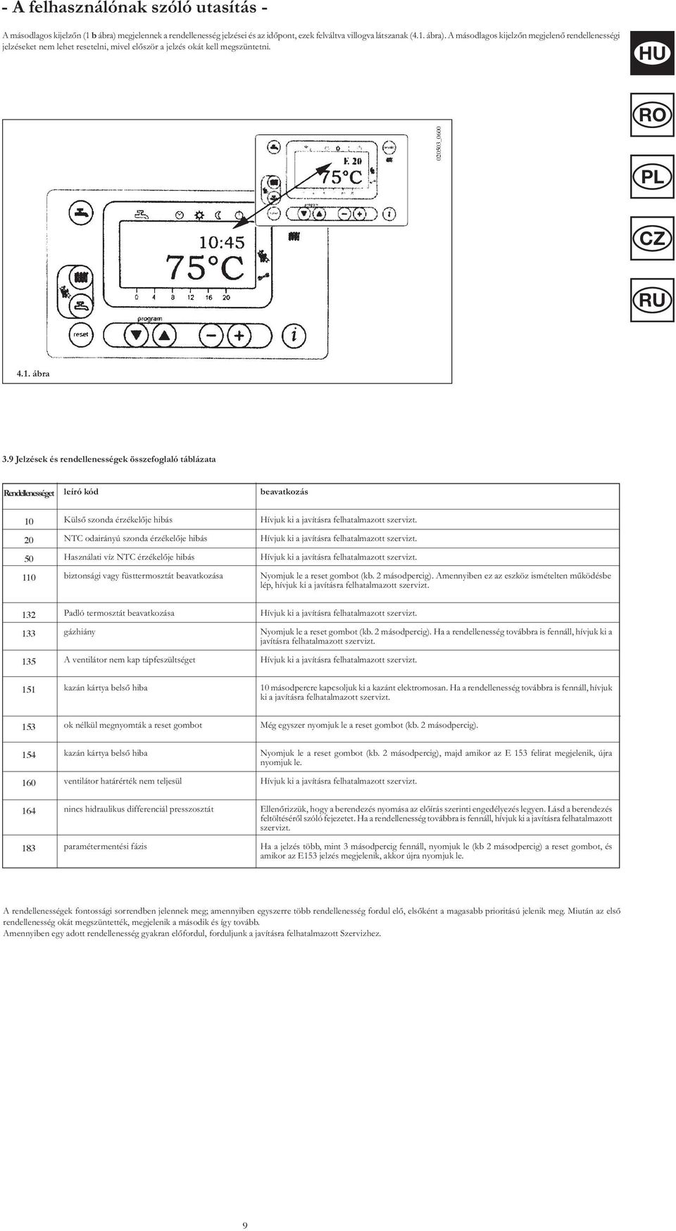 9 Jelzések és rendellenességek összefoglaló táblázata Rendellenességet leíró kód beavatkozás 10 20 50 110 Külső szonda érzékelője hibás NTC odairányú szonda érzékelője hibás Használati víz NTC