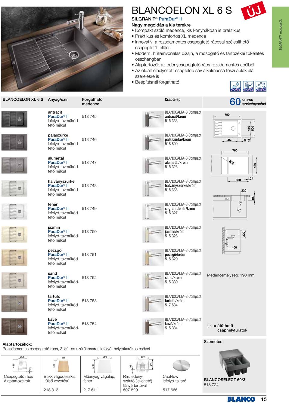 sáv alkalmassá teszi ablak alá szerelésre is Beépítésnél forgatható SILGRANIT mosogatók BLANCOELON XL 6 S Forgatható medence Csaptelep antracit PuraDur II 518 745 antracit/króm 515 333 60