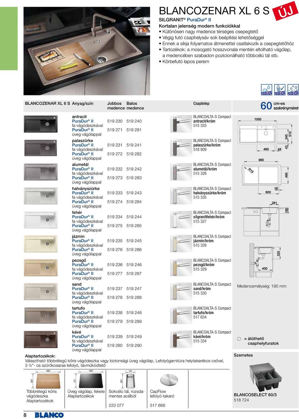 Körbefutó lapos perem BLANCOZENAR XL 6 S Jobbos Balos medence medence Csaptelep antracit PuraDur II 519 230 519 240 antracit/króm fa vágódeszkával 515 333 PuraDur II 519 271 519 281 üveg vágólappal