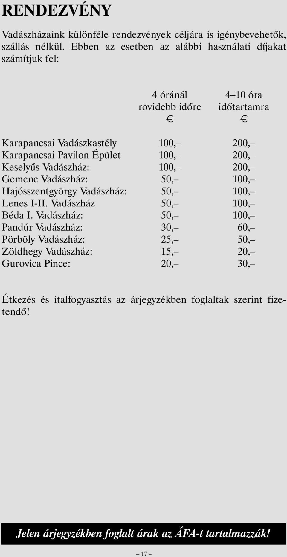 Karapancsai Pavilon Épület 100, 200, Keselyûs Vadászház: 100, 200, Gemenc Vadászház: 50, 100, Hajósszentgyörgy Vadászház: 50, 100, Lenes I-II.