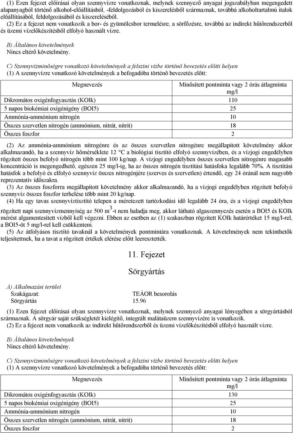 (2) Ez a fejezet nem vonatkozik a bor- és gyümölcsbor termelésre, a sörfőzésre, továbbá az indirekt hűtőrendszerből és üzemi vízelőkészítésből elfolyó használt vízre. Nincs eltérő követelmény.