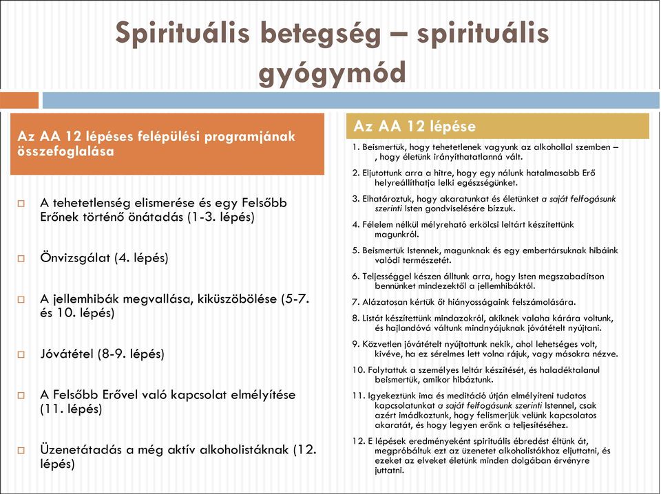 lépés) Az AA 12 lépése 1. Beismertük, hogy tehetetlenek vagyunk az alkohollal szemben, hogy életünk irányíthatatlanná vált. 2.