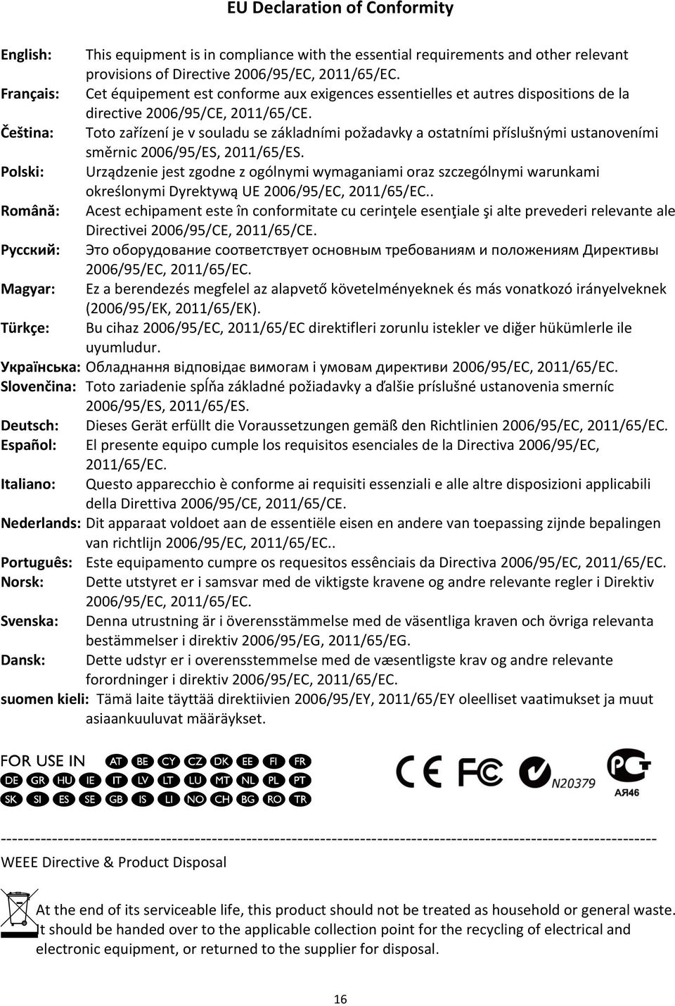 Čeština: Toto zařízení je v souladu se základními požadavky a ostatními příslušnými ustanoveními směrnic 2006/95/ES, 2011/65/ES.