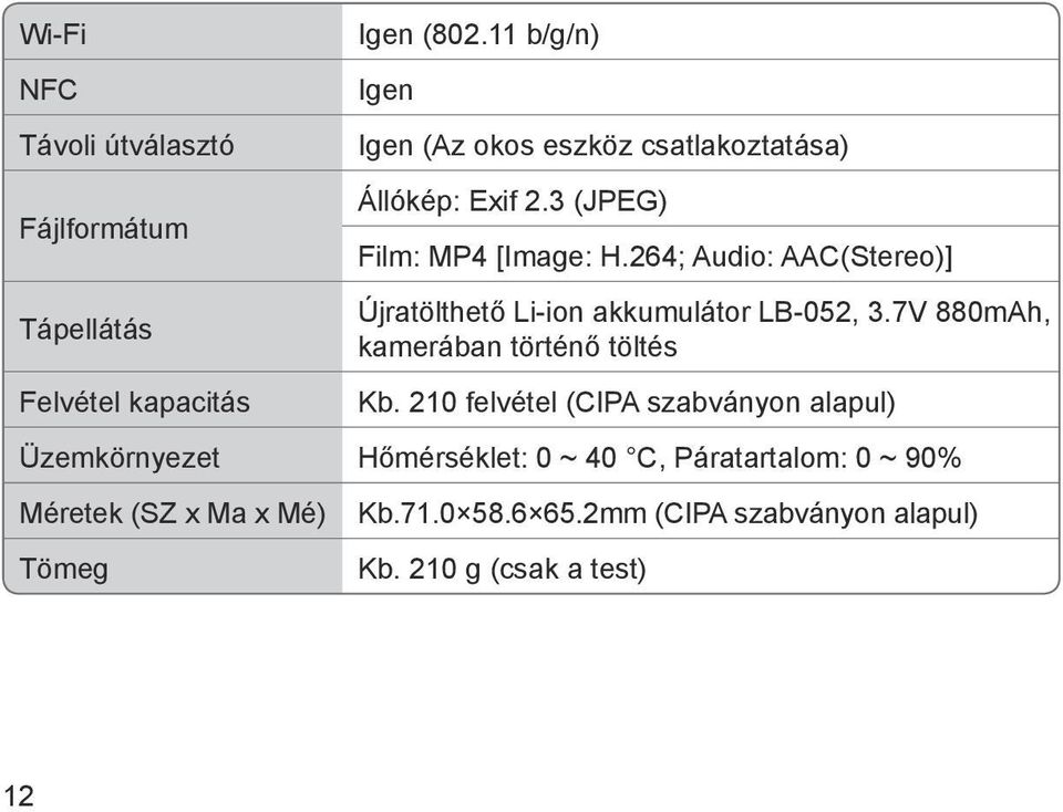 264; Audio: AAC(Stereo)] Újratölthető Li-ion akkumulátor LB-052, 3.7V 880mAh, kamerában történő töltés Kb.