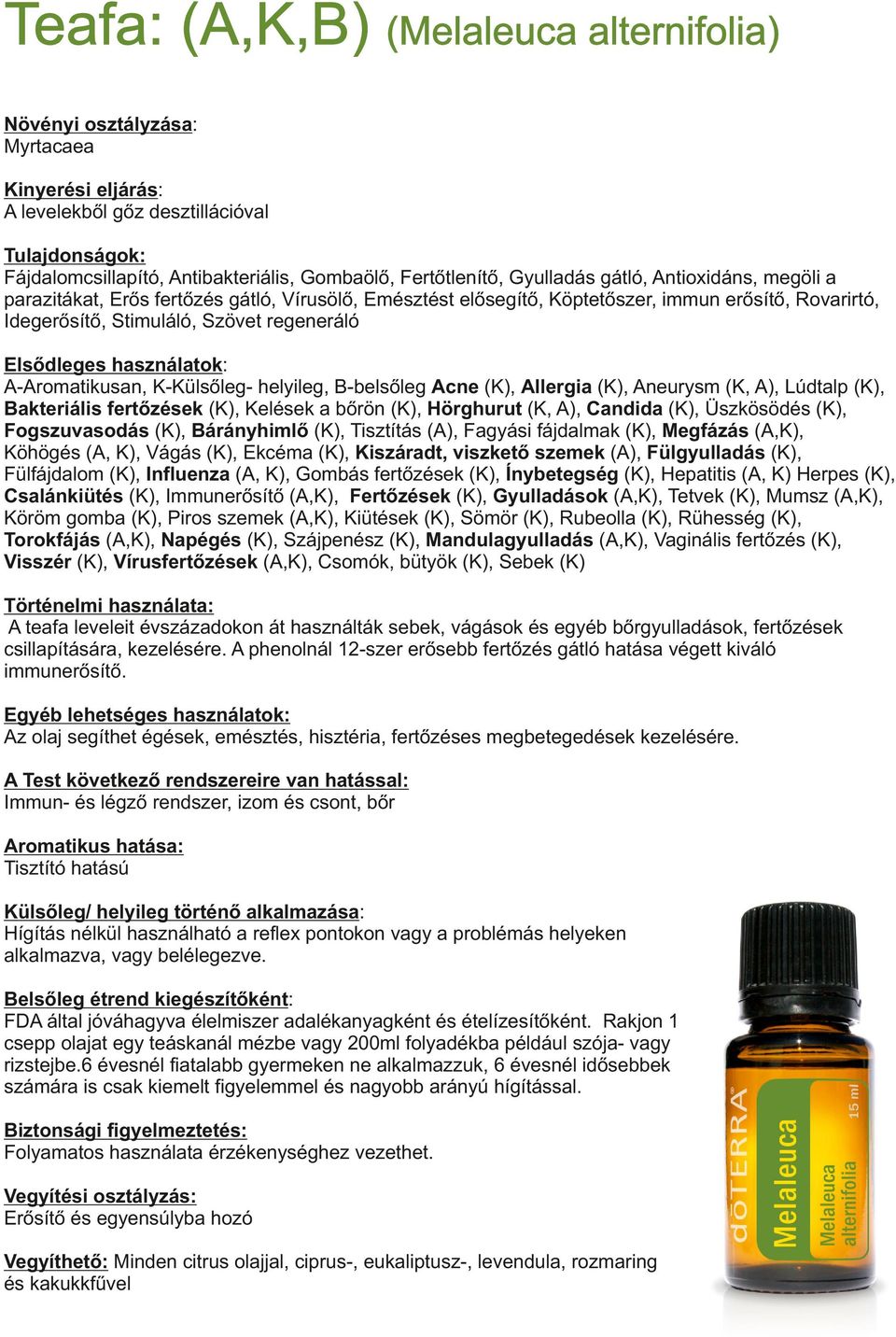 használatok: A-Aromatikusan, K-Külsőleg- helyileg, B-belsőleg Acne (K), Allergia (K), Aneurysm (K, A), Lúdtalp (K), Bakteriális fertőzések (K), Kelések a bőrön (K), Hörghurut (K, A), Candida (K),