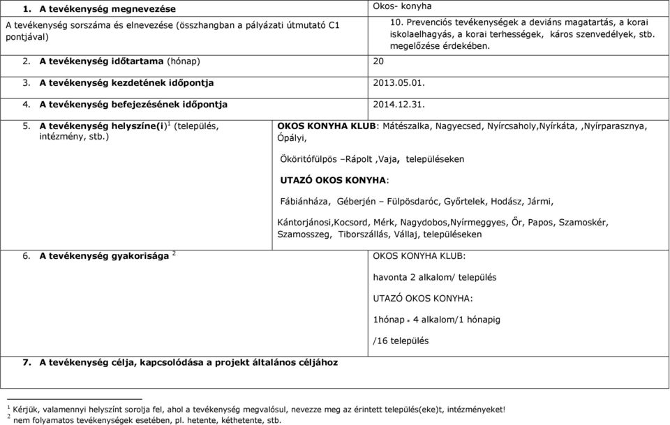 Prevenciós tevékenységek a deviáns magatartás, a korai iskolaelhagyás, a korai terhességek, káros szenvedélyek, stb. megelőzése érdekében. 5. A tevékenység helyszíne(i) 1 (település, intézmény, stb.