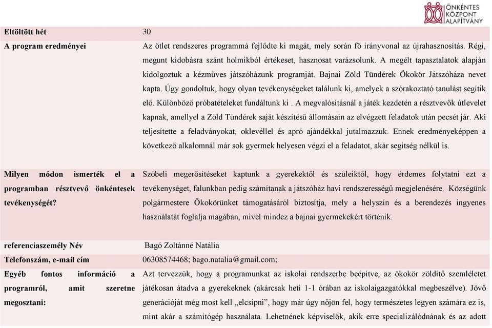 Bajnai Zöld Tündérek Ökokör Játszóháza nevet kapta. Úgy gondoltuk, hogy olyan tevékenységeket találunk ki, amelyek a szórakoztató tanulást segítik elő. Különböző próbatételeket fundáltunk ki.