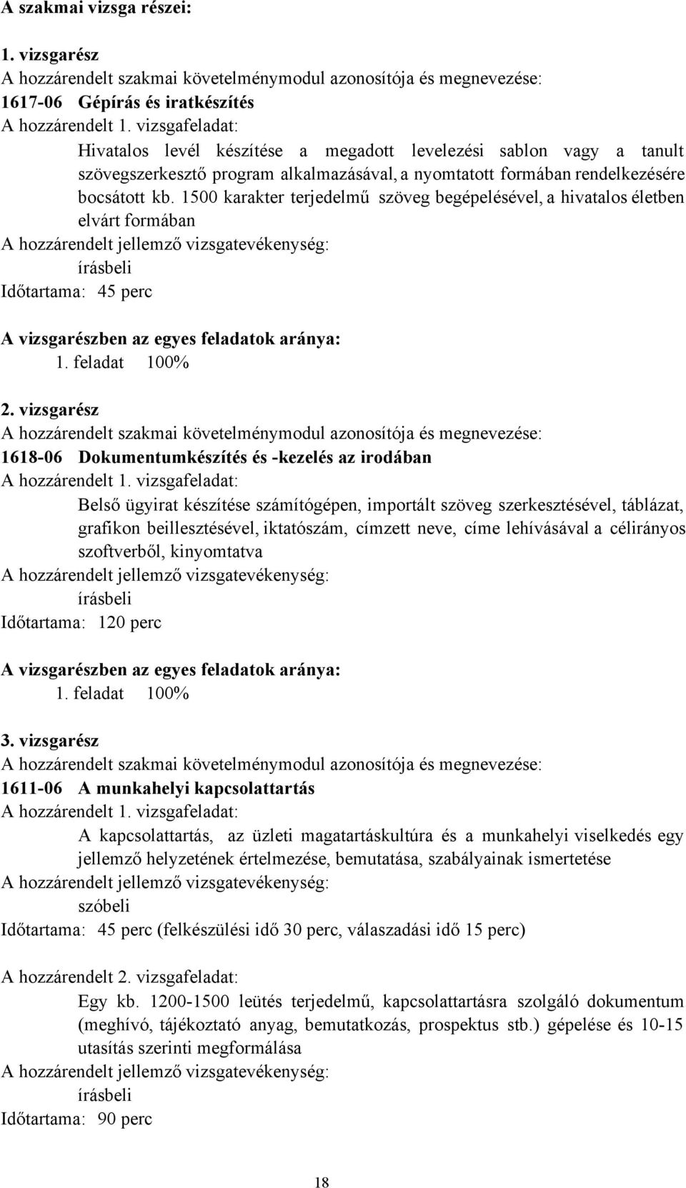 1500 karakter terjedelmű szöveg begépelésével, a hivatalos életben elvárt formában A hozzárendelt jellemző vizsgatevékenység: írásbeli Időtartama: 45 perc A vizsgarészben az egyes feladatok aránya: 1.