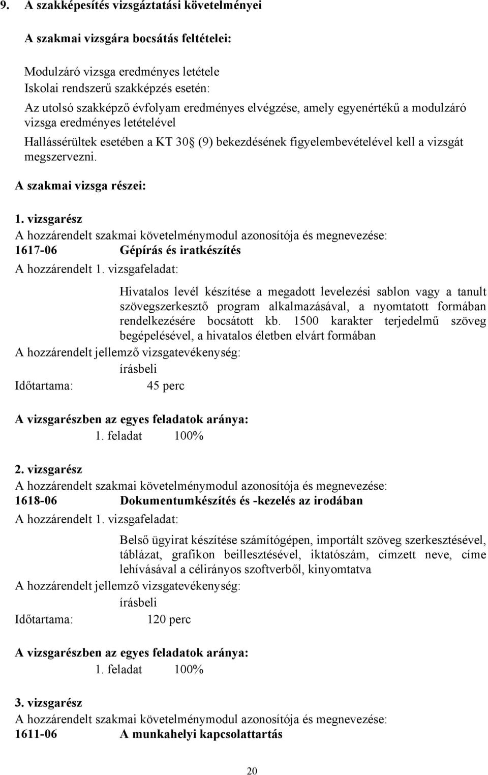 A szakmai vizsga részei: 1. vizsgarész A hozzárendelt szakmai követelménymodul azonosítója és megnevezése: 1617-06 Gépírás és iratkészítés A hozzárendelt 1.