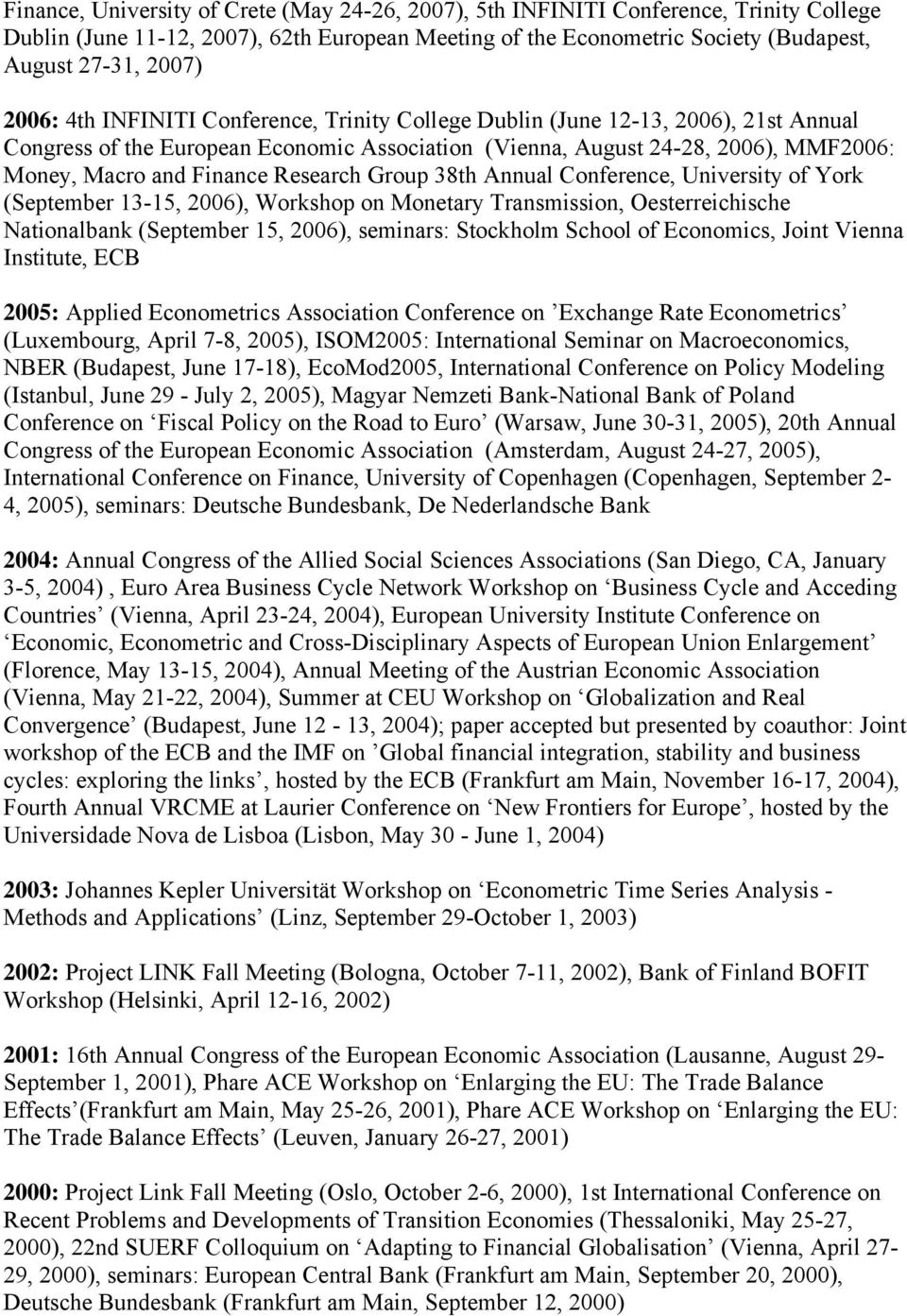 Research Group 38th Annual Conference, University of York (September 13-15, 2006), Workshop on Monetary Transmission, Oesterreichische Nationalbank (September 15, 2006), seminars: Stockholm School of
