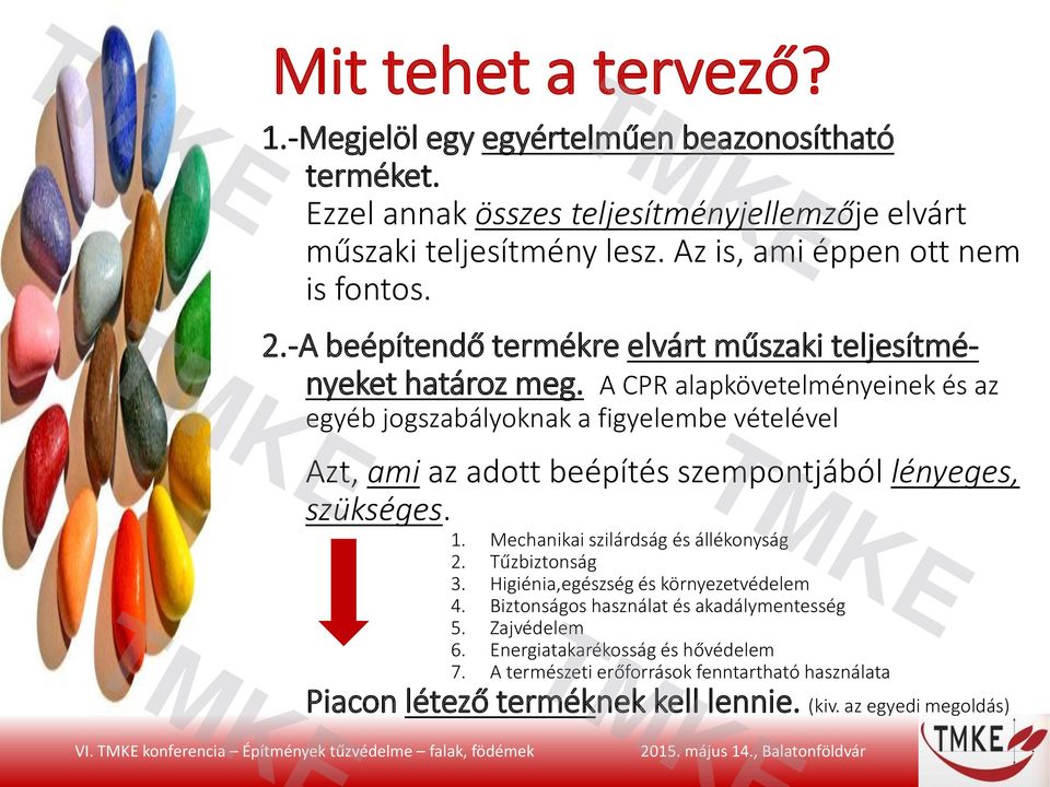 A CPR alapkövetelményeinek és az egyéb jogszabályoknak a figyelembe vételével Azt, ami az adott beépítés szempontjából lényeges, szükséges. 1. Mechanikai szilárdság és állékonyság 2.