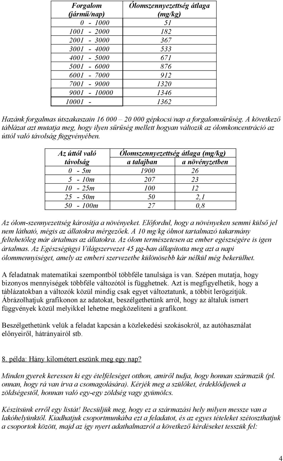 A következő táblázat azt mutatja meg, hogy ilyen sűrűség mellett hogyan változik az ólomkoncentráció az úttól való távolság függvényében.