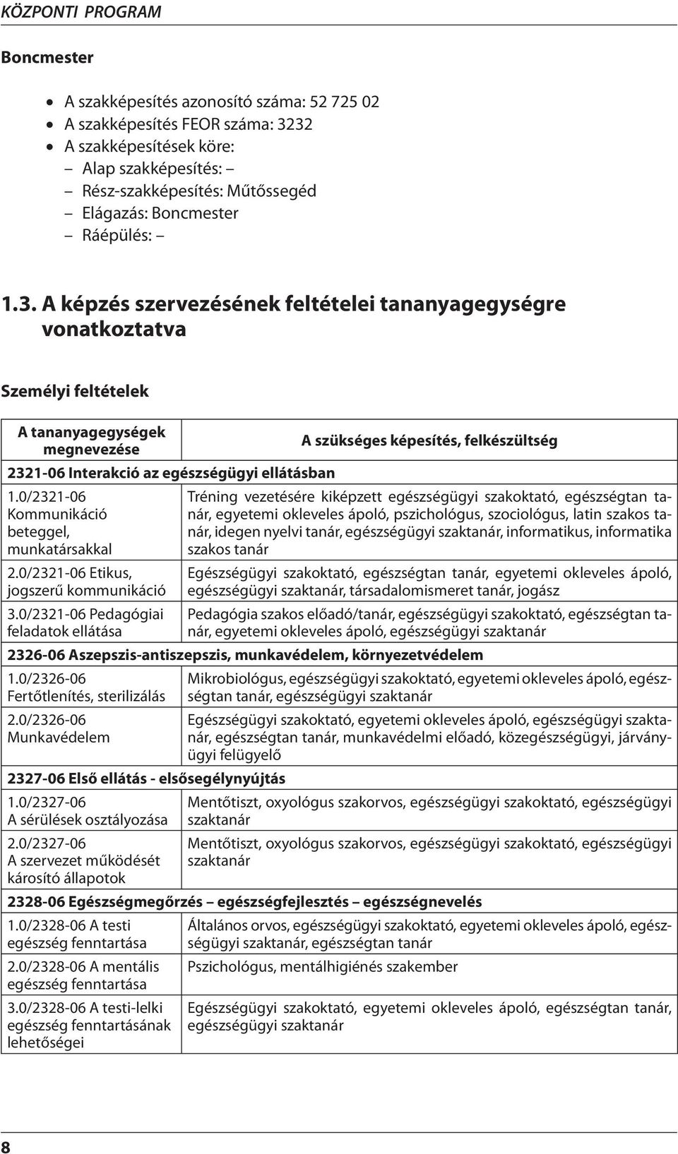 A képzés szervezésének feltételei tananyagegységre vonatkoztatva Személyi feltételek A tananyagegységek A szükséges képesítés, felkészültség megnevezése 2321-06 Interakció az egészségügyi ellátásban