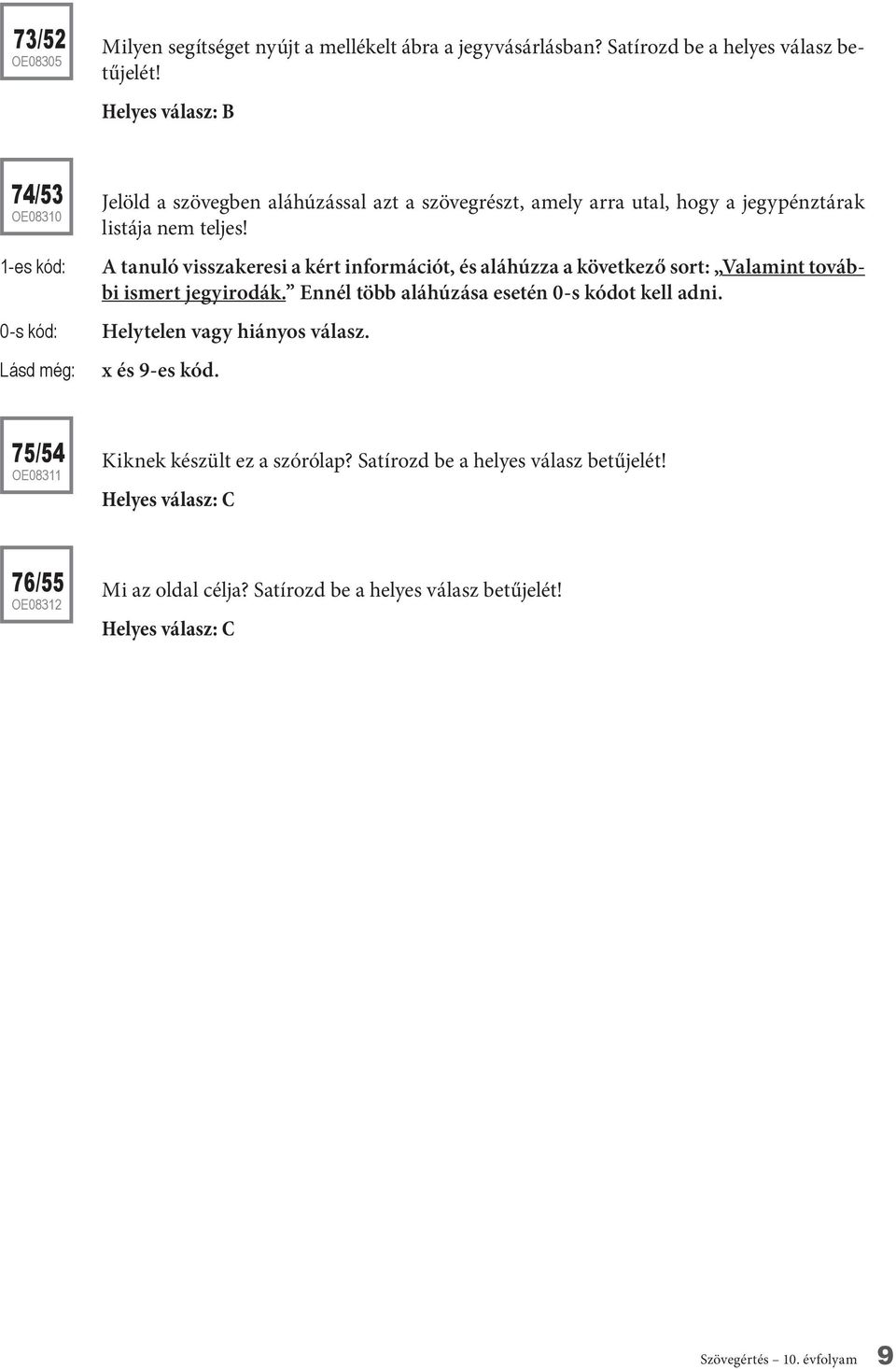 A tanuló visszakeresi a kért információt, és aláhúzza a következő sort: Valamint további ismert jegyirodák. Ennél több aláhúzása esetén 0-s kódot kell adni.