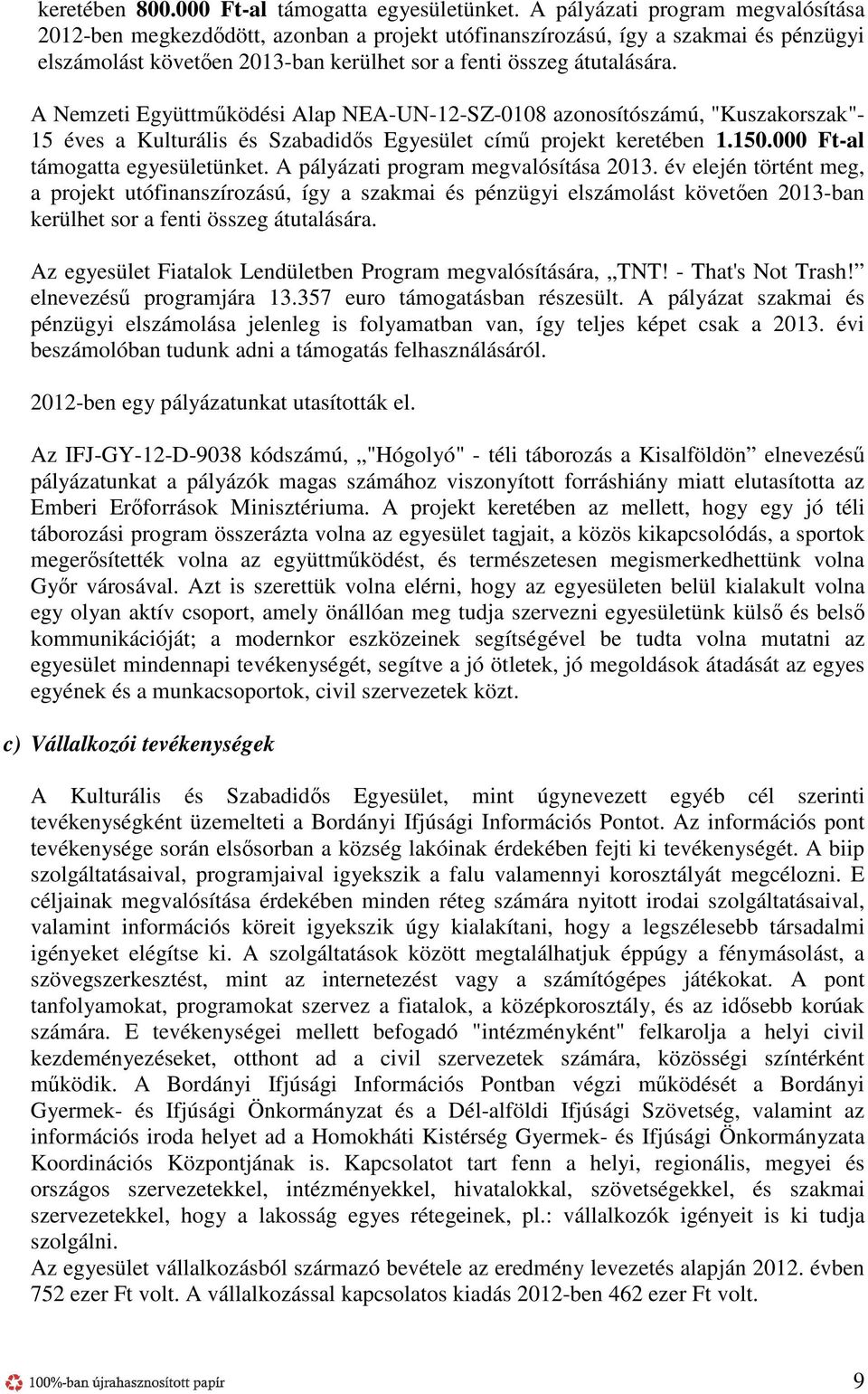 A Nemzeti Együttműködési Alap NEA-UN-12-SZ-0108 azonosítószámú, "Kuszakorszak"- 15 éves a Kulturális és Szabadidős Egyesület című projekt keretében 1.150.000 Ft-al támogatta egyesületünket.