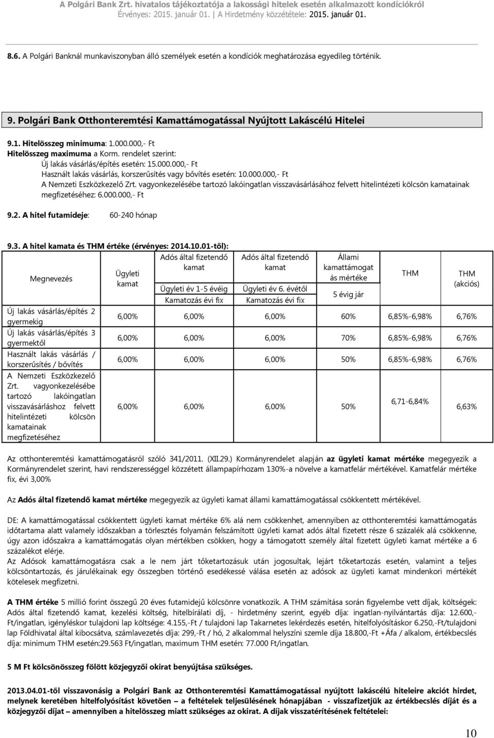 vagyonkezelésébe tartozó lakóingatlan visszavásárlásához felvett hitelintézeti kölcsön kamatainak megfizetéséhez: 6.000.000,- Ft 9.2. A hitel futamideje: 60-240 hónap 9.3.