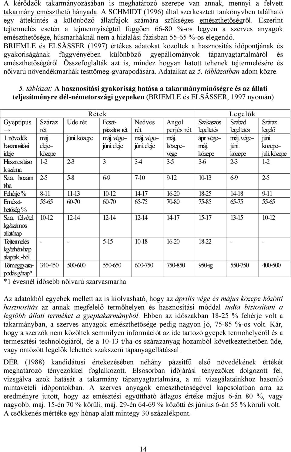 Eszerint tejtermelés esetén a tejmennyiségtől függően 66-8 -os legyen a szerves anyagok emészthetősége, húsmarháknál nem a hízlalási fázisban 55-65 -os elegendő.