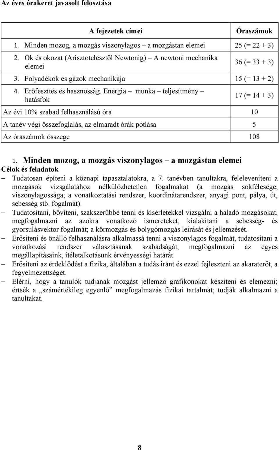 Energia munka teljesítmény hatásfok 17 (= 14 + 3) Az évi 10% szabad felhasználású óra 10 A tanév végi összefoglalás, az elmaradt órák pótlása 5 Az óraszámok összege 108 1.