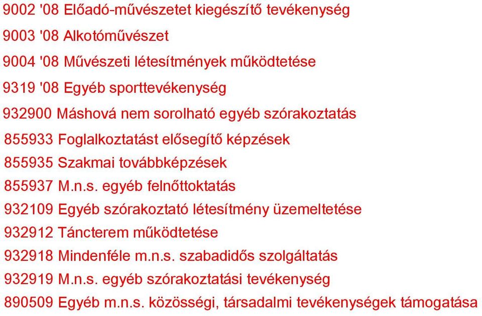 855937 M.n.s. egyéb felnőttoktatás 932109 Egyéb szórakoztató létesítmény üzemeltetése 932912 Táncterem működtetése 932918 Mindenféle m.n.s. szabadidős szolgáltatás 932919 M.