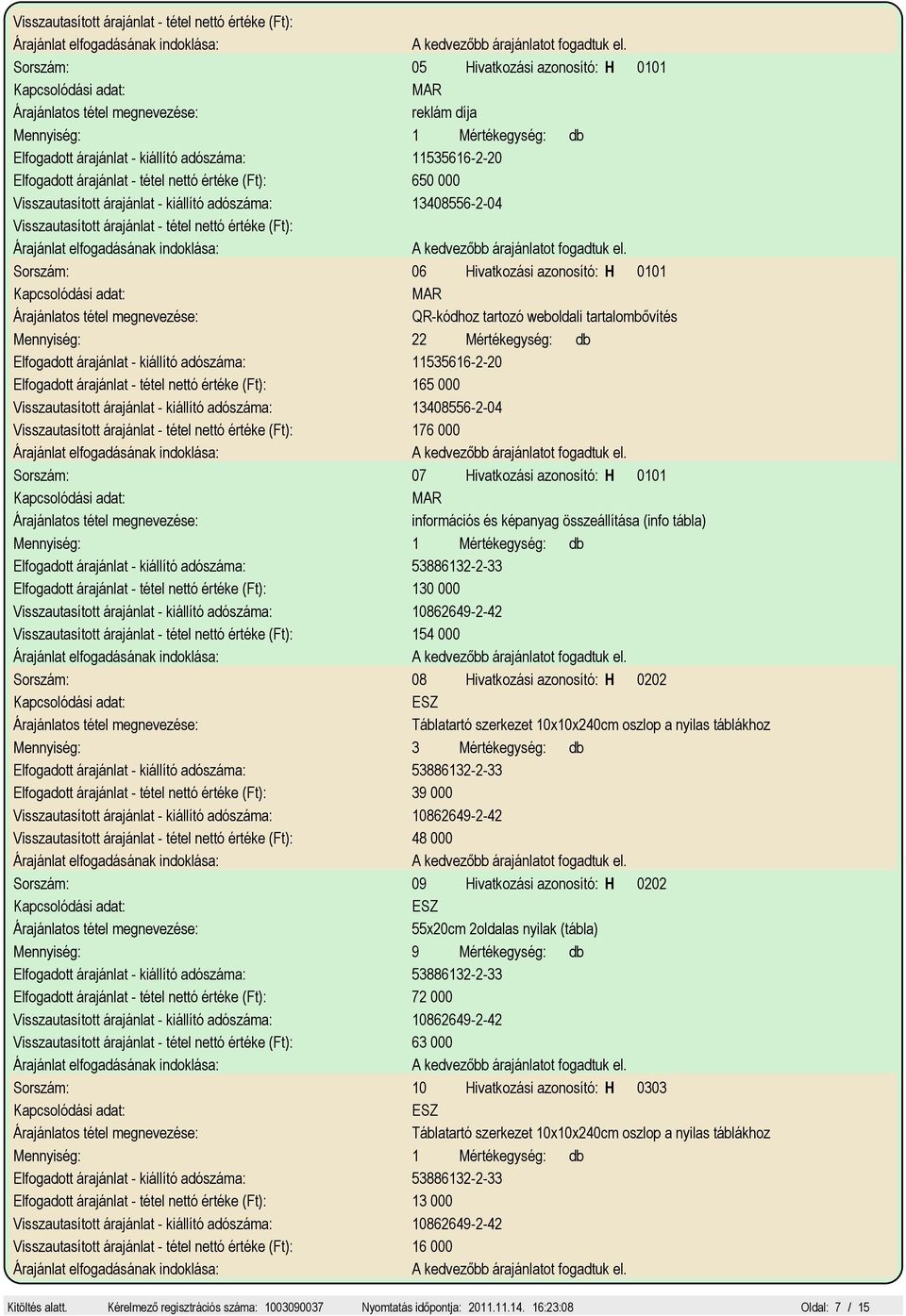 azonosító: H 0101 MAR QR-kódhoz tartozó weboldali tartalombővítés Mennyiség: 22 Mértékegység: db Elfogadott árajánlat - kiállító adószáma: 11535616-2-20 Elfogadott árajánlat - tétel nettó értéke