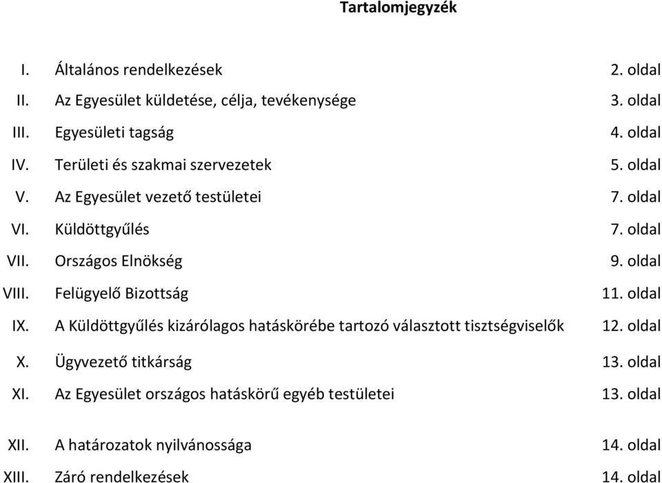 oldal VIII. Felügyelő Bizottság 11. oldal IX. A Küldöttgyűlés kizárólagos hatáskörébe tartozó választott tisztségviselők 12. oldal X.